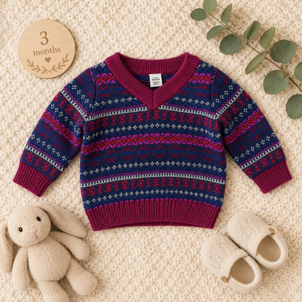Janie and‎ Jack Baby Fair Isle Sweater Blue Magenta V-Neck Knit 3-6 Months